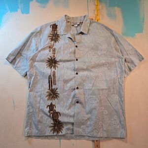 VTG Pacific Legend L Hawaiian‎ Shirt Gray Floral Palm Turtle Tiki Hawaii 24x30